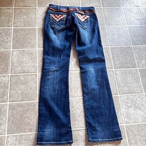 Cowgirl Tuff Blue Boot Cut Jeans with Embroidered Accents size 29 L 35
